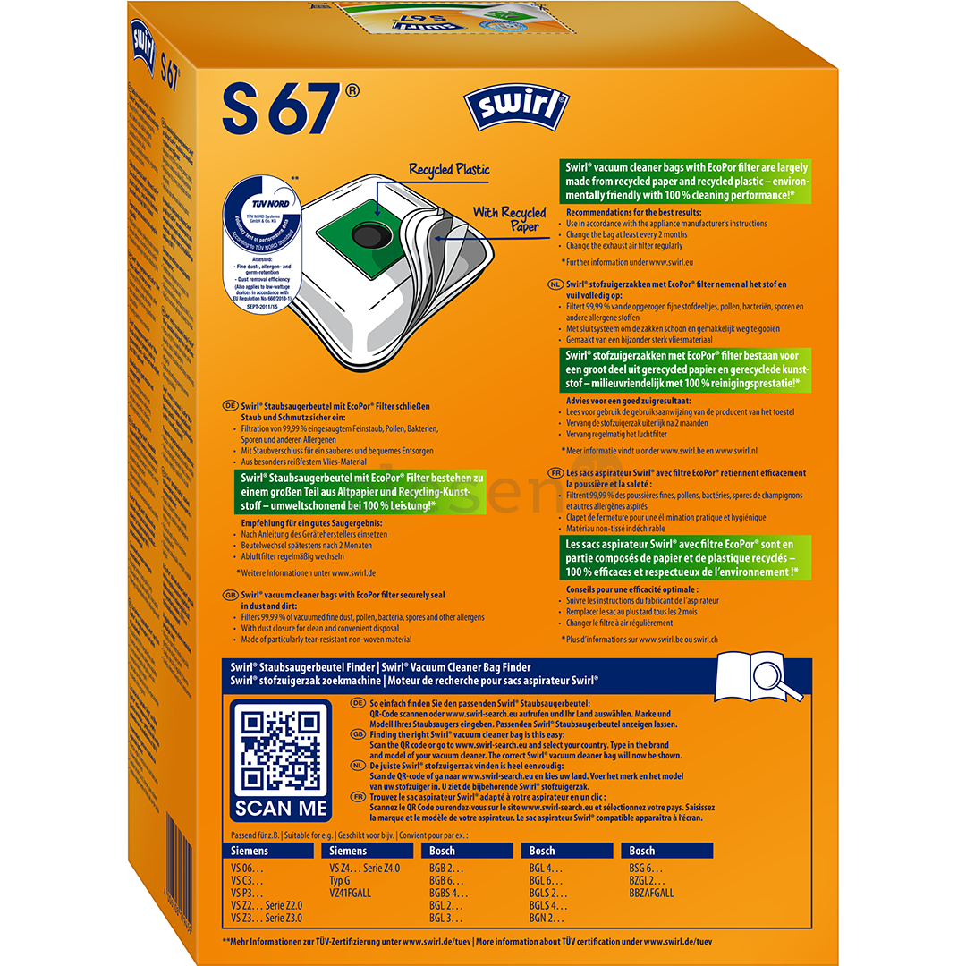 Dulkių siurblių maišeliai Swirl Micropor S67, 4vnt Prekė - S67MNEW