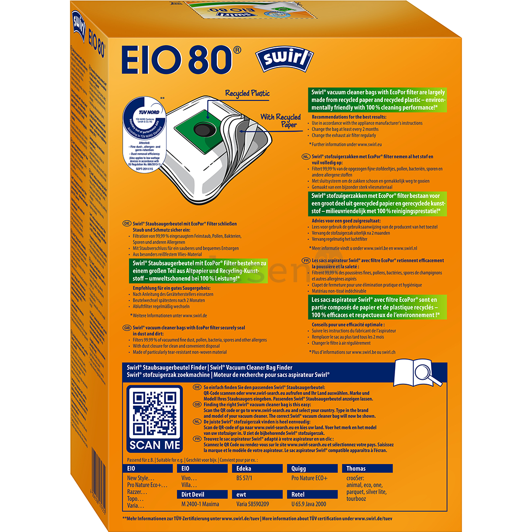 Dulkių siurblių maišeliai Swirl Micropor EIO 80, 4vnt Prekė - EIO80MNEW