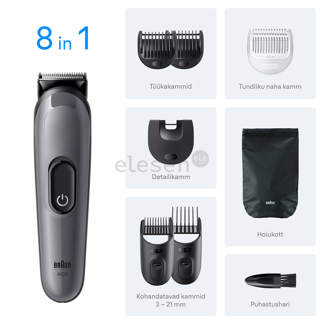Braun Series 3, 8-in-1, tamsiai pilka - Plaukų kirpimo mašinėlė