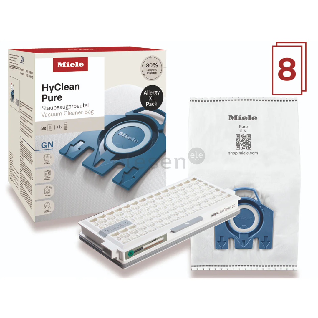 Miele HyClean Pure Allergy XL pakuotė, 8 vnt. - Dulkių siurblių maišeliai + HEPA AirClean filtras