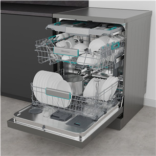 Hisense, 16 place settings, width 60 cm, grey - Free standing dishwasher