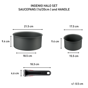 Tefal Ingenio Halo, 16/20 cm, 3 dalių, pilkas - Puodų rinkinys + nuimama rankena