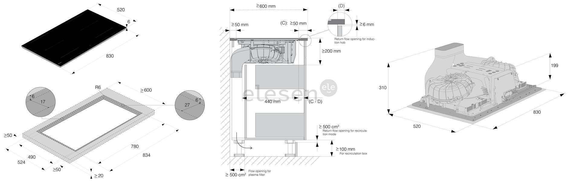 Asko, plotis 83 cm, juoda - Įmontuojama kaitlentė su gartraukiu