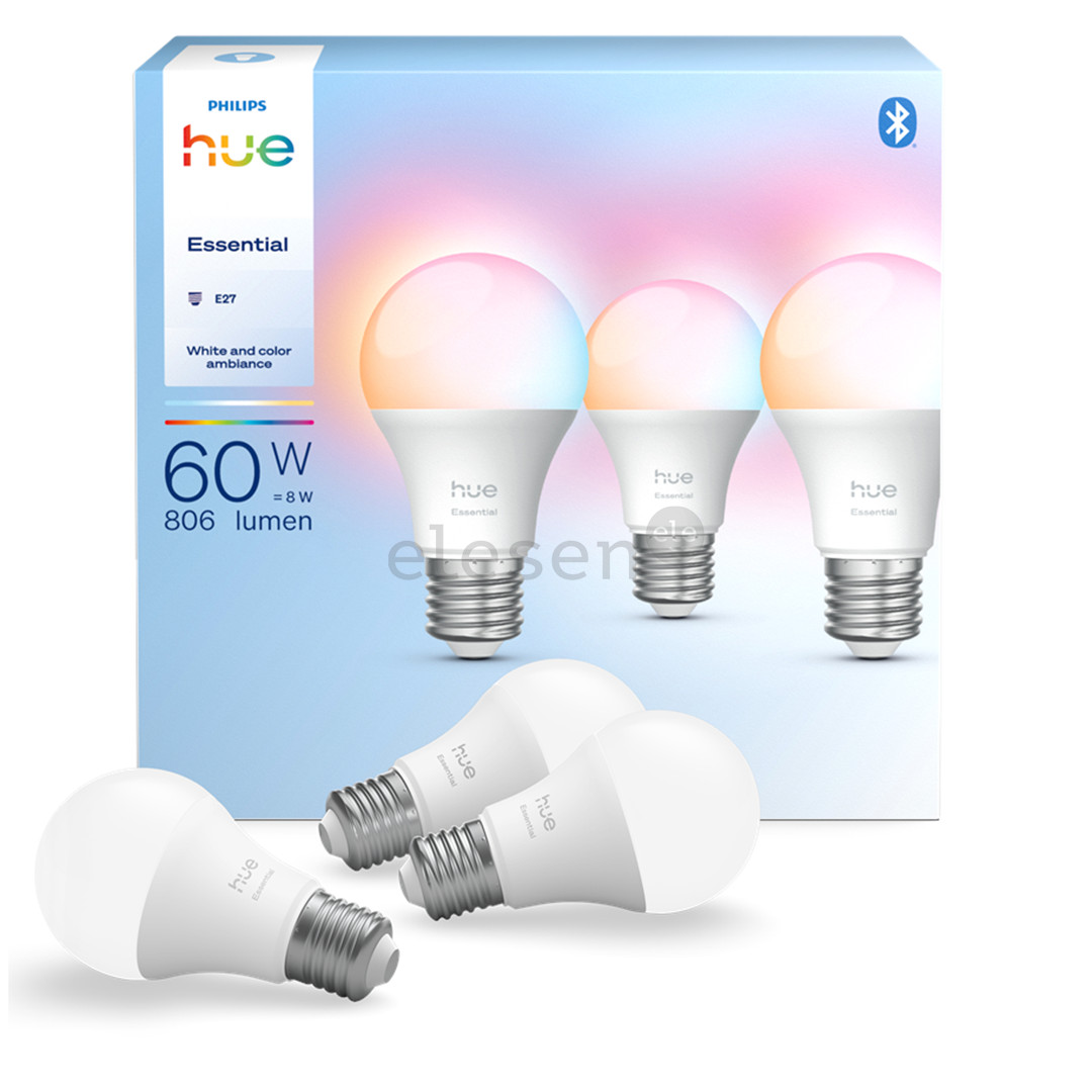 Philips Hue Essential A60, Full Color, E27, 3 vnt., baltos - Išmaniosios lemputės