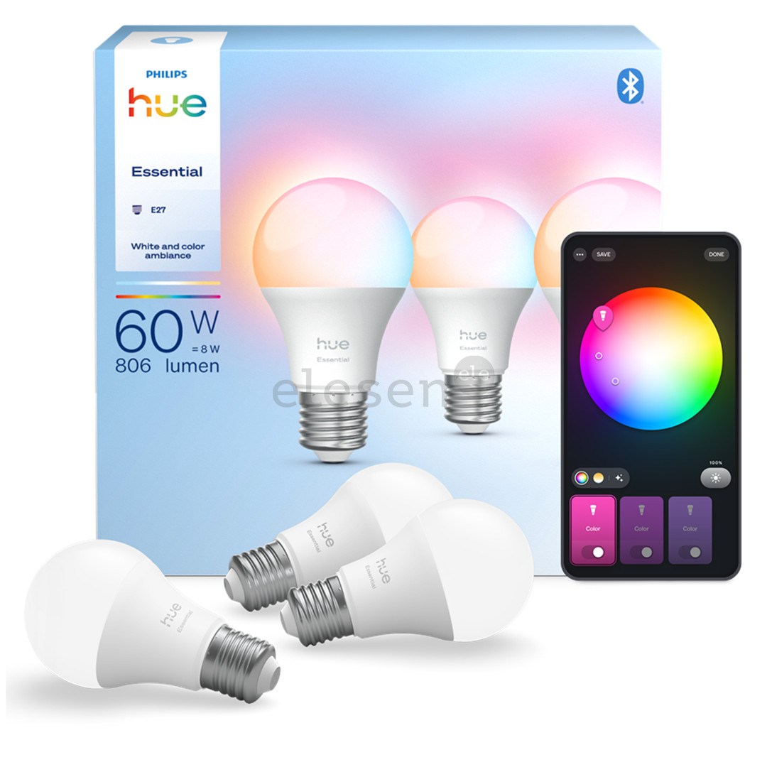 Philips Hue Essential A60, Full Color, E27, 3 vnt., baltos - Išmaniosios lemputės
