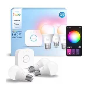 Philips Hue Essential Starter Kit, A60 + Hue Bridge, Full Color, E27, 3 pc, white - Smart light