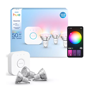 Philips Hue Essential Starter Kit, Spotlight + Hue Bridge, Full Color, GU10, 3 pc, white - Smart light kit