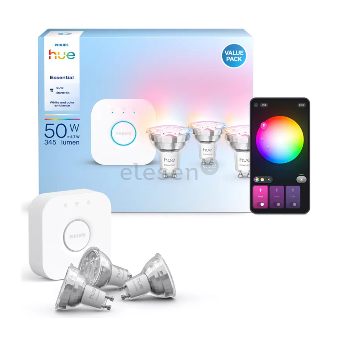 Philips Hue Essential Starter Kit, Spotlight + Hue Bridge, Full Color, GU10, 3 pc, white - Smart light kit