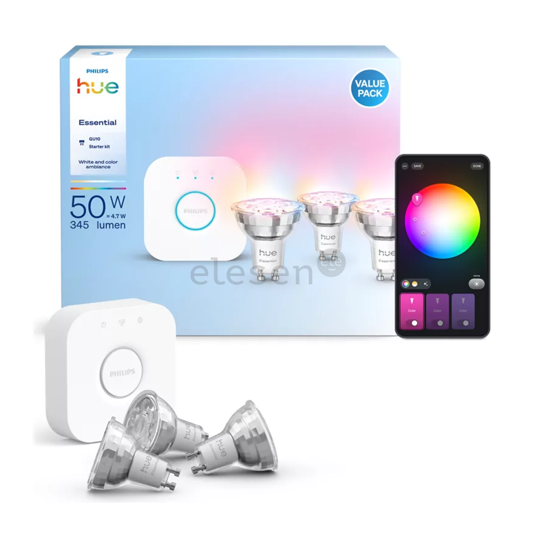 Philips Hue Essential Starter Kit, Spotlight + Hue Bridge, Full Color, GU10, 3 pc, white - Smart light kit