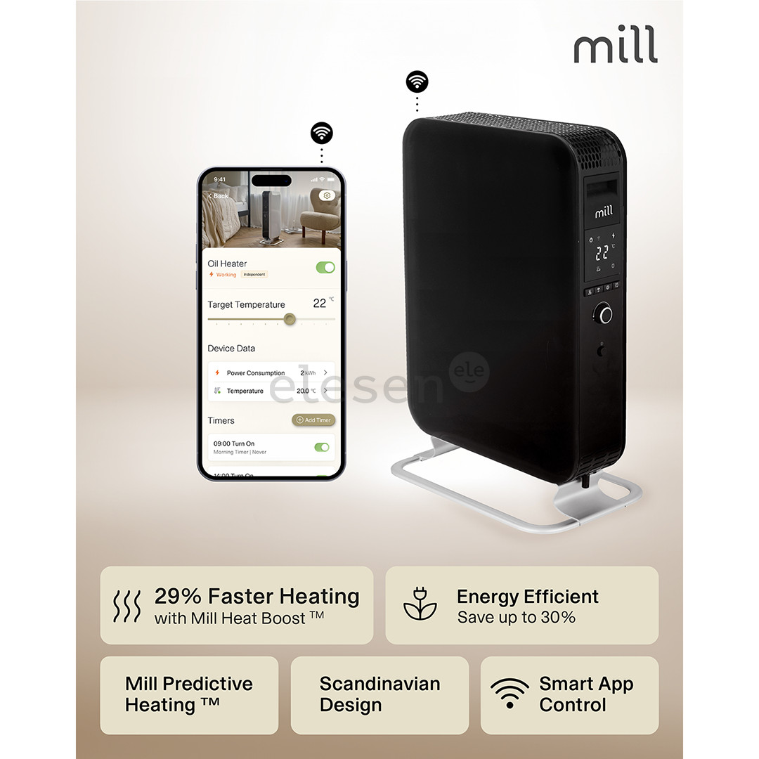 Mill Gentle Air WiFi, 2000 W, juodas - Tepalinis radiatorius