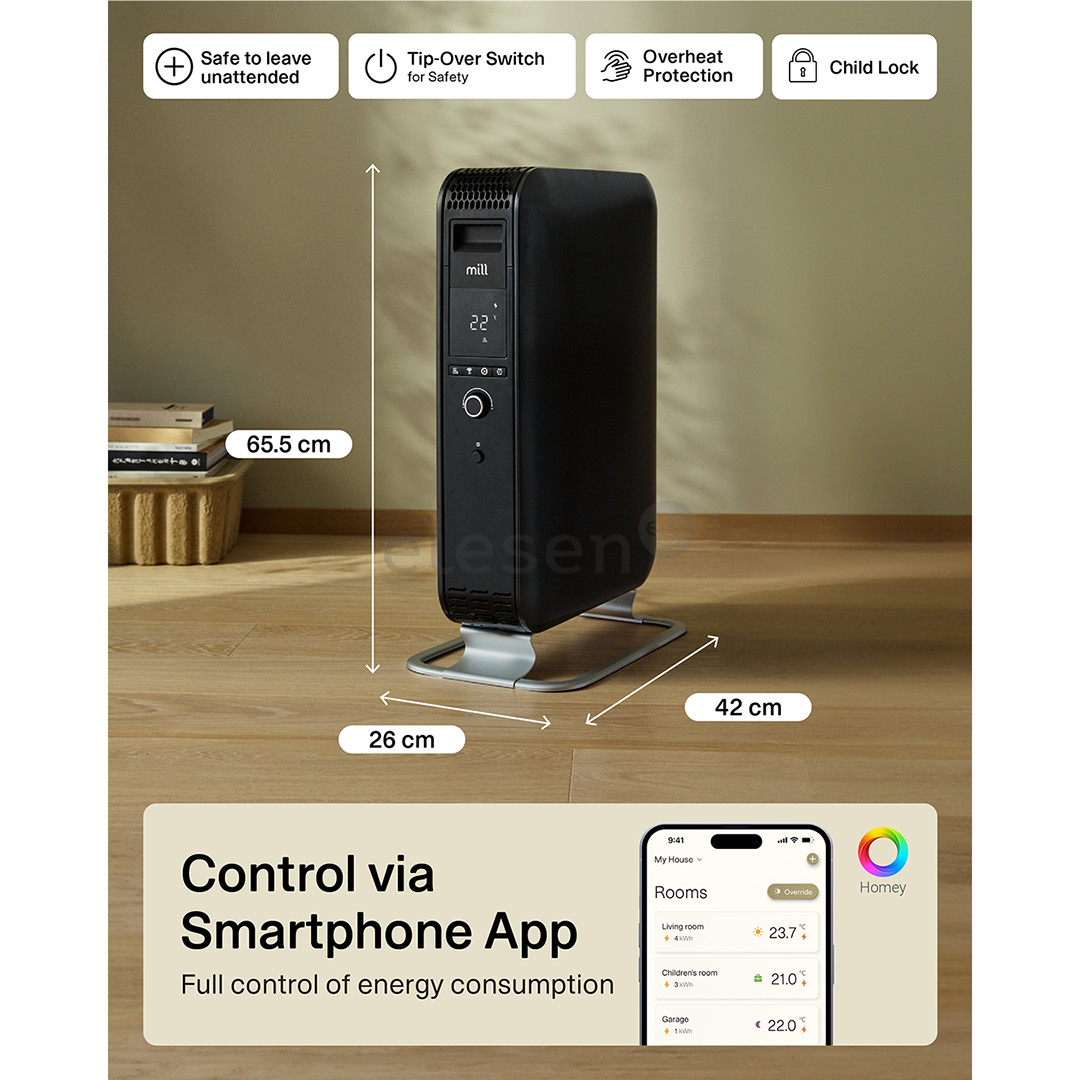 Mill Gentle Air WiFi, 2000 W, juodas - Tepalinis radiatorius