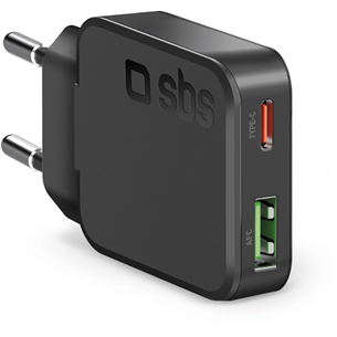 SBS Slim Wall Charger, USB-A, USB-C, 30 Вт, черный - Зарядное устройство TETRGANUSBTC30SLIM