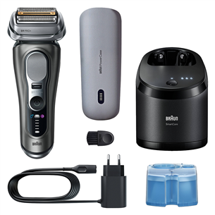 Braun Series 9 Pro+ Wet & Dry, 6 viename, SmartCare centras ir PowerCase, tamsiai pilkas - Skustuvas 9675CC
