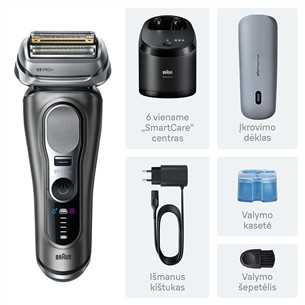 Braun Series 9 Pro+ Wet & Dry, 6 viename, SmartCare centras ir PowerCase, tamsiai pilkas - Skustuvas