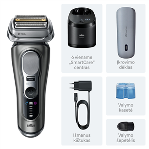 Braun Series 9 Pro+ Wet & Dry, 6 viename, SmartCare centras ir PowerCase, tamsiai pilkas - Skustuvas