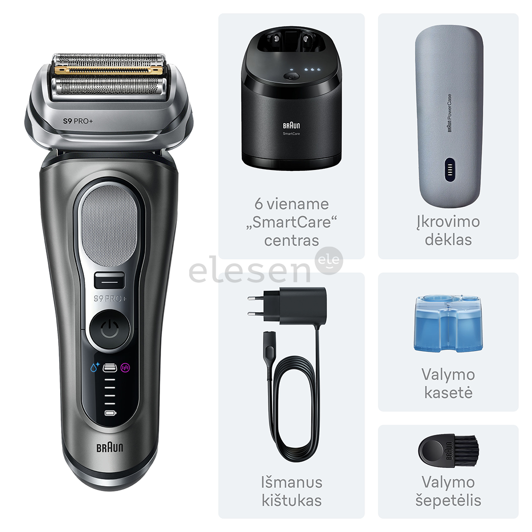 Braun Series 9 Pro+ Wet & Dry, 6 viename, SmartCare centras ir PowerCase, tamsiai pilkas - Skustuvas