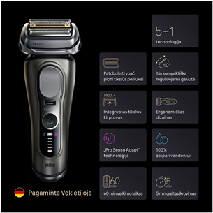 Braun Series 9 Pro+ Wet & Dry, 6 viename, SmartCare centras ir PowerCase, tamsiai pilkas - Skustuvas