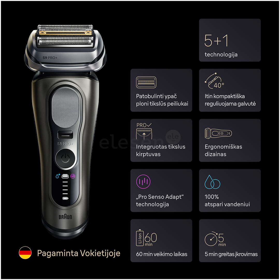 Braun Series 9 Pro+ Wet & Dry, 6 viename, SmartCare centras ir PowerCase, tamsiai pilkas - Skustuvas