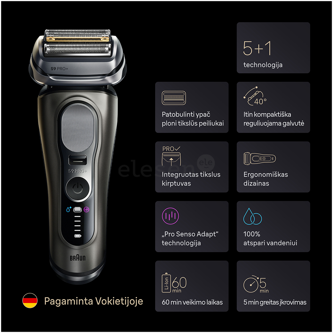 Braun Series 9 Pro+ Wet & Dry, 6 viename, SmartCare centras ir PowerCase, tamsiai pilkas - Skustuvas