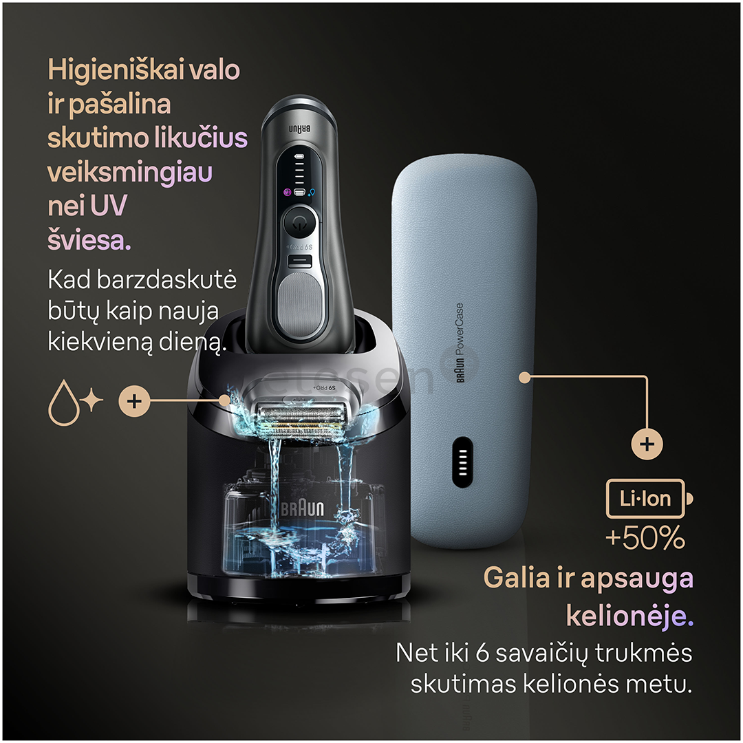 Braun Series 9 Pro+ Wet & Dry, 6 viename, SmartCare centras ir PowerCase, tamsiai pilkas - Skustuvas