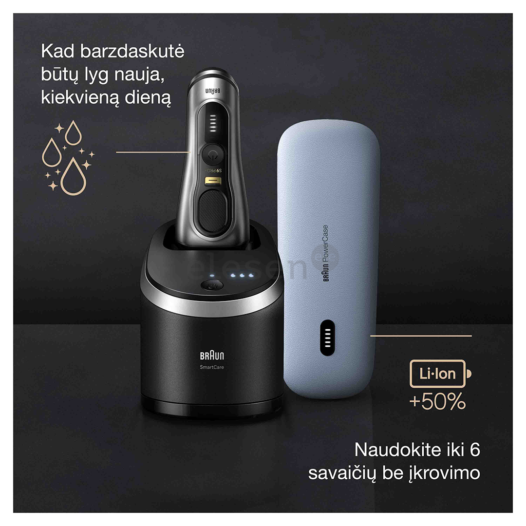 Braun Series 9 Pro+ Wet & Dry, 6-in-1 SmartCare centre and PowerCase, sidabro spalvos - Skustuvas