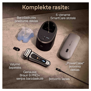 Braun Series 9 Pro+ Wet & Dry, 6-in-1 SmartCare centre and PowerCase, sidabro spalvos - Skustuvas