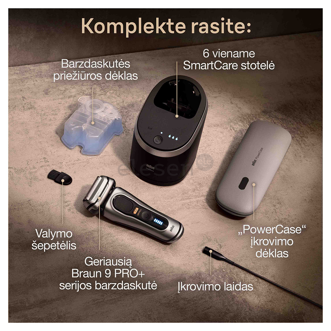 Braun Series 9 Pro+ Wet & Dry, 6-in-1 SmartCare centre and PowerCase, sidabro spalvos - Skustuvas