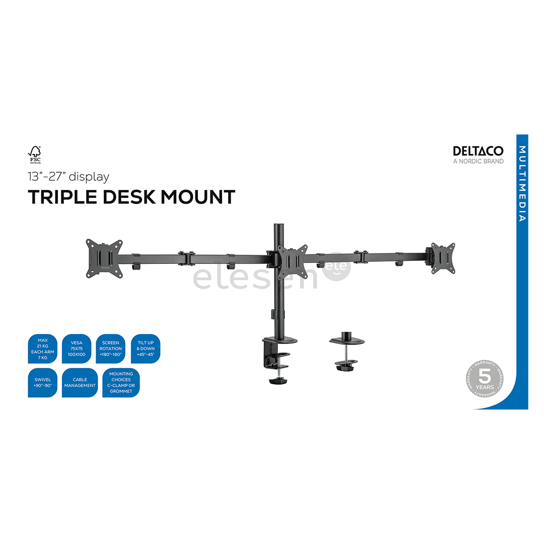 Deltaco Triple Desk Mount, 13-27'', black - Monitor stand