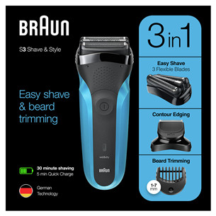 Braun Series 3 Shave & Style, Wet & Dry, mėlynas - Skustuvas