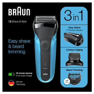Braun Series 3 Shave & Style, Wet & Dry, mėlynas - Skustuvas