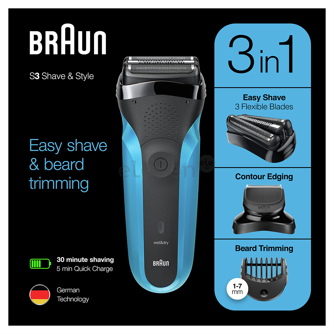 Braun Series 3 Shave & Style, Wet & Dry, mėlynas - Skustuvas
