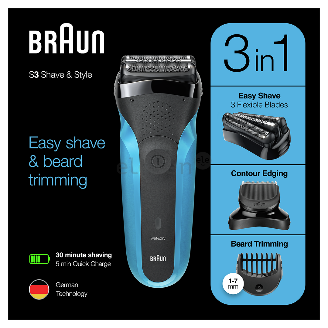 Braun Series 3 Shave & Style, Wet & Dry, mėlynas - Skustuvas