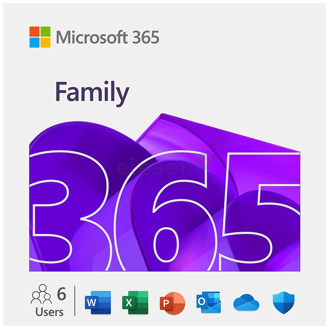 Microsoft 365 Family, 12 mėn. prenumerata, 6 naudotojai / 5 įrenginiai, 1 TB OneDrive, ENG - Programinė įranga