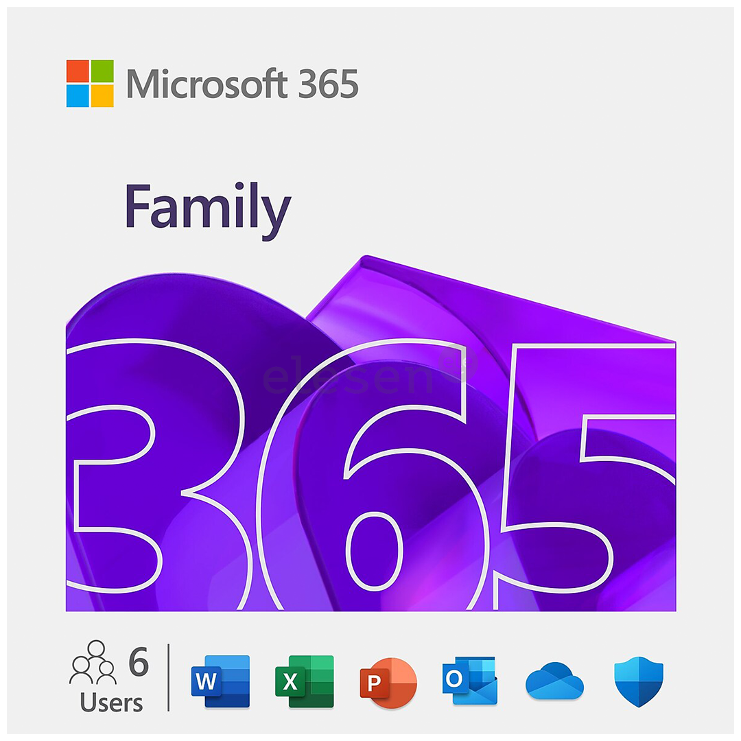 Microsoft 365 Family, 12 mėn. prenumerata, 6 naudotojai / 5 įrenginiai, 1 TB OneDrive, ENG - Programinė įranga