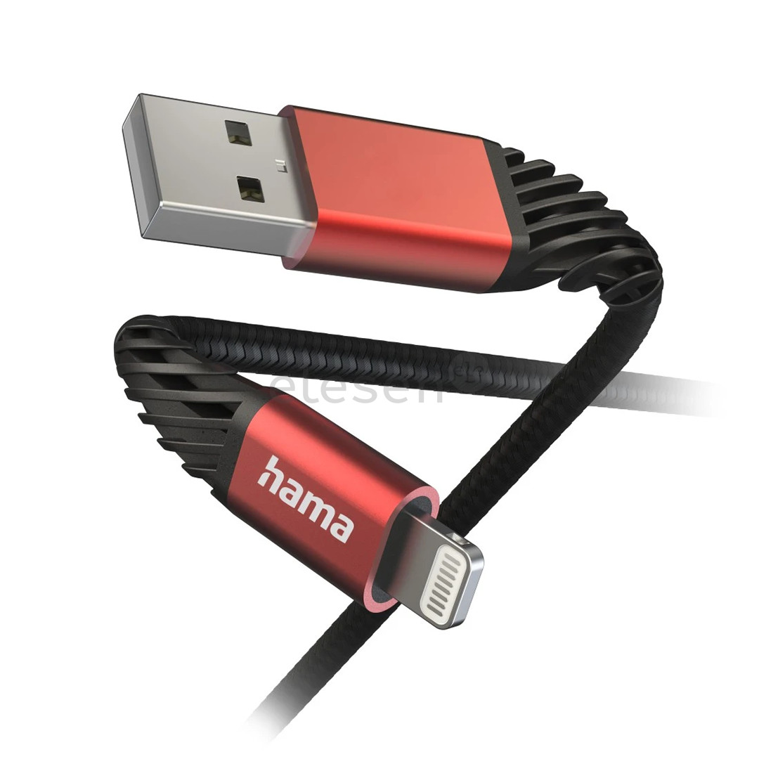 Hama Extreme Charging Cable, USB-A, Lightning, Nylon, 1,5 m, juodas/raudonas - Laidas