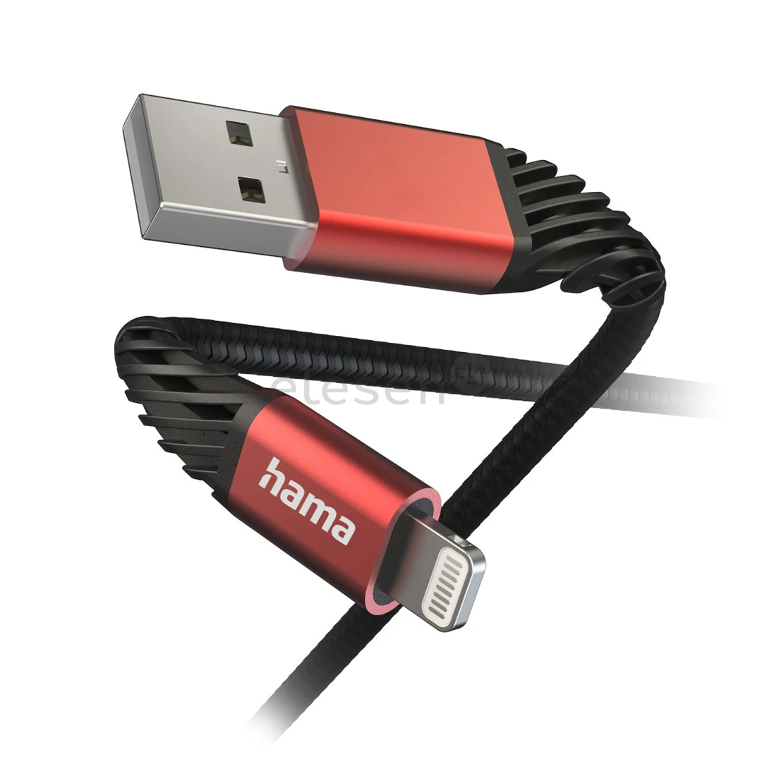 Hama Extreme Charging Cable, USB-A, Lightning, нейлон, 1,5 м, черный/красный - Кабель