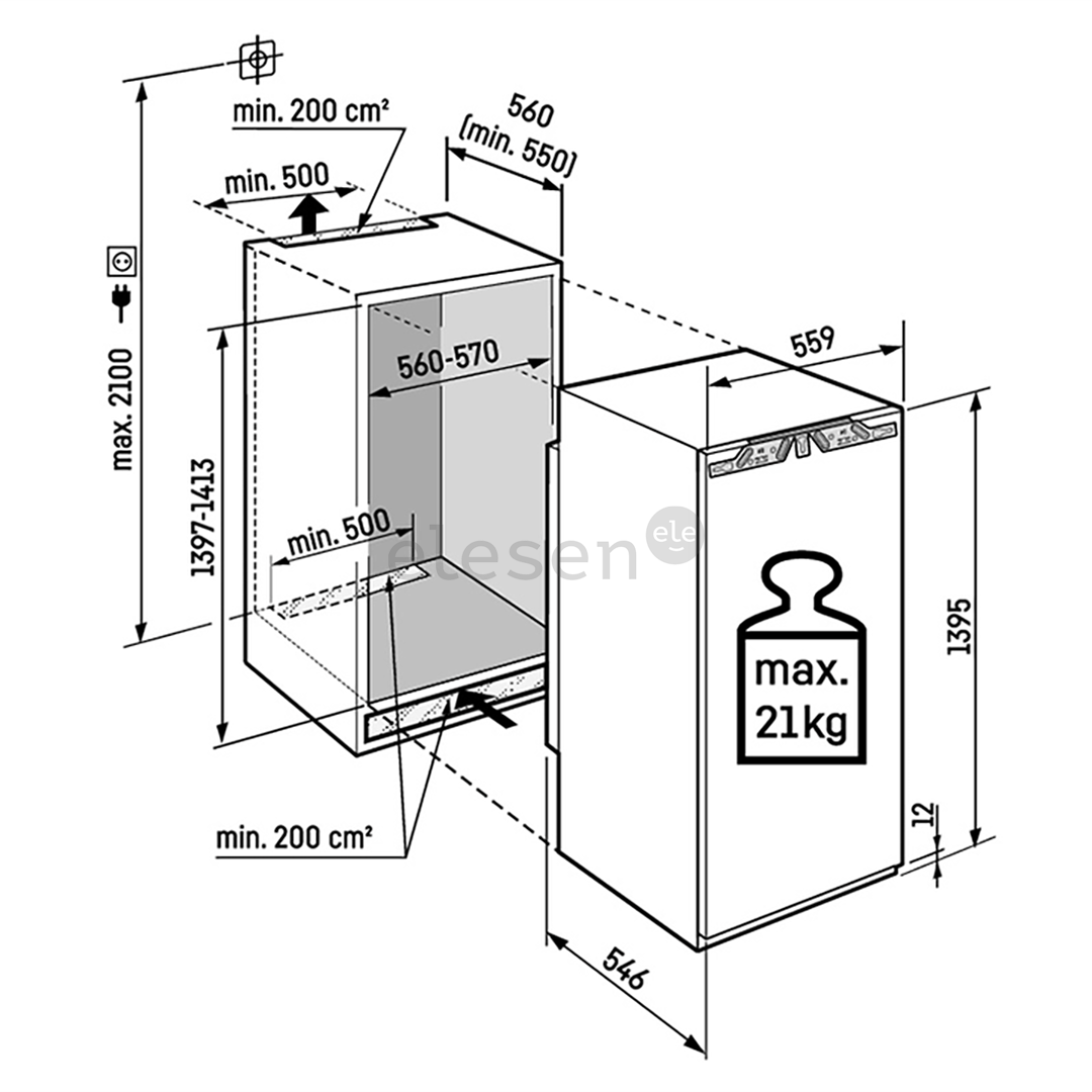 Liebherr prime NoFrost, 156 L, aukštis 140 cm - Įmontuojamas šaldiklis