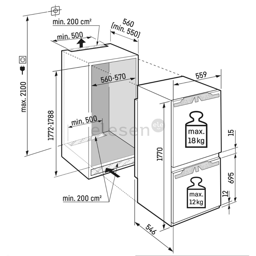 Liebherr EasyFresh NoFrost, 254 L, height 177 cm - Built-in refrigerator