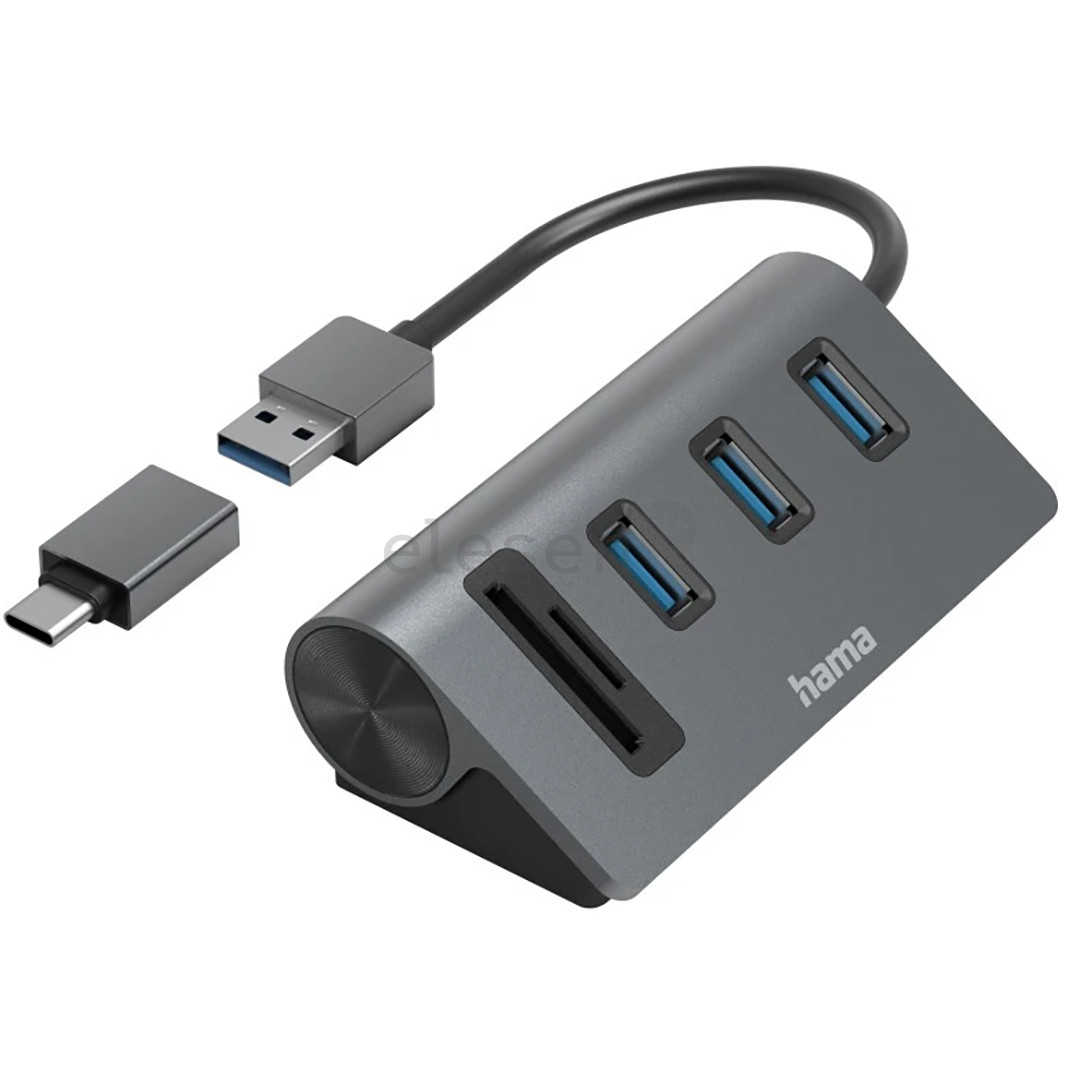 Hama USB Hub, 3x USB-A 3.2 Gen 1, SD, microSD, USB-C Adapter, black/gray - USB hub