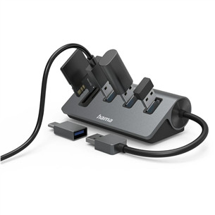 Hama USB Hub, 3x USB-A 3.2 Gen 1, SD, microSD, USB-C Adapter, black/gray - USB hub