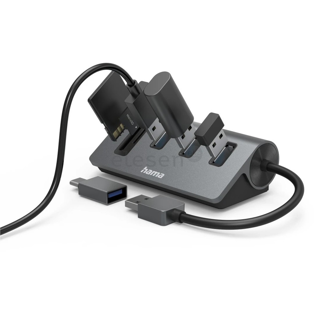 Hama USB Hub, 3x USB-A 3.2 Gen 1, SD, microSD, USB-C Adapter, black/gray - USB hub