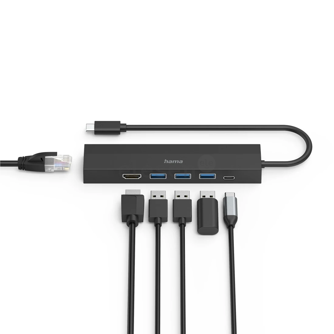 Hama USB-C Hub, 3x USB-A 3.2 Gen 1, USB-C, HDMI, LAN, black - USB hub