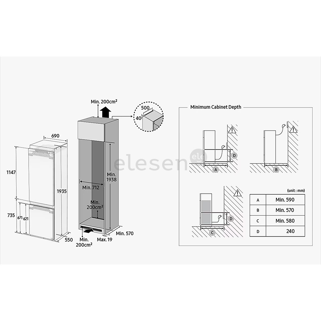 Samsung, NoFrost, 389 л, высота 194 см - Интегрируемый холодильник