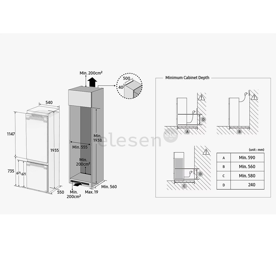 Samsung, NoFrost, 298 L, aukštis 194 cm - Įmontuojamas šaldytuvas