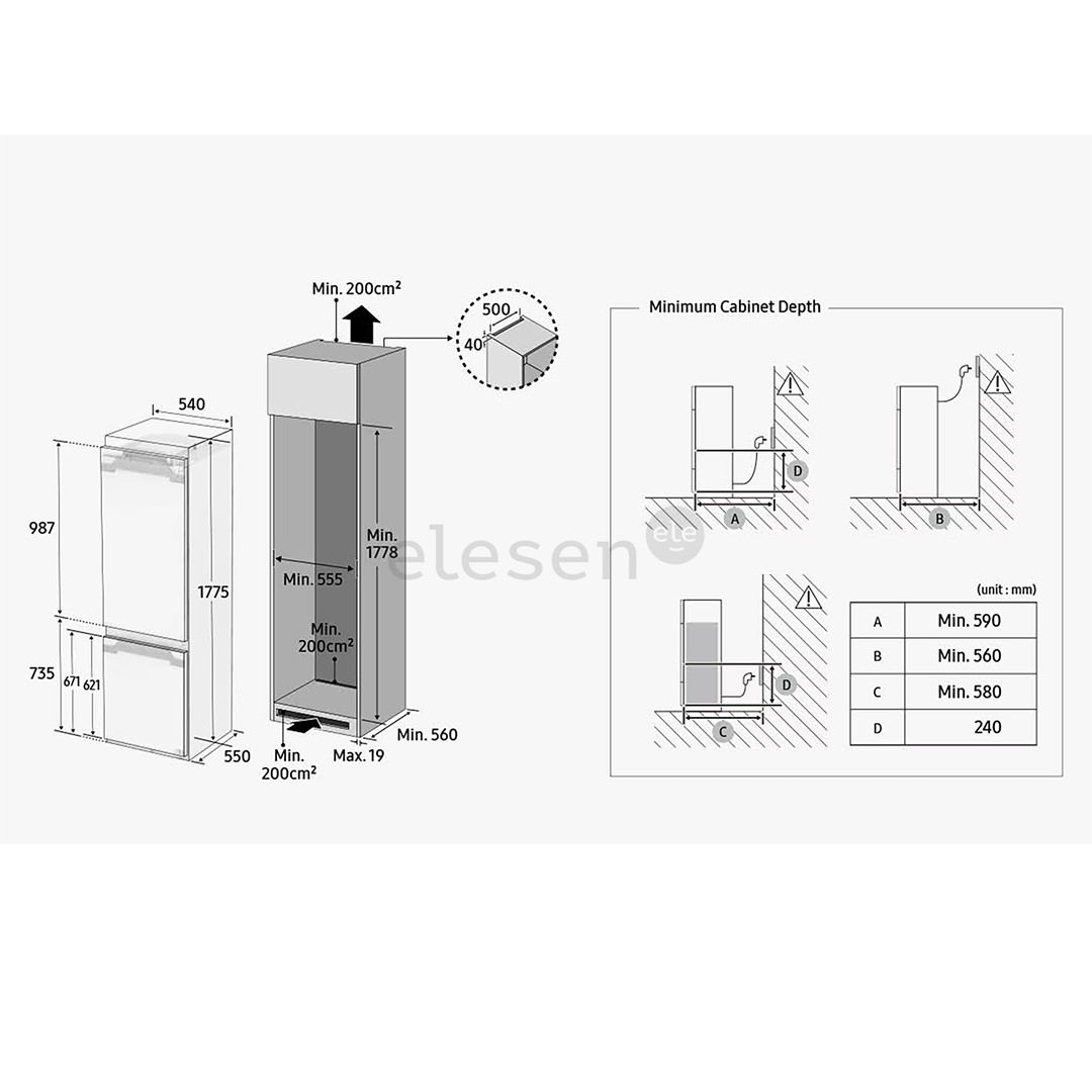Samsung, NoFrost, 264 l, aukštis 178 cm - Įmontuojamas šaldytuvas