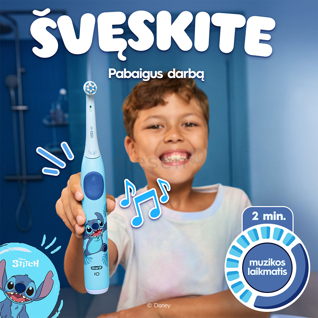 Braun Oral-B iO Kids, Disney, Stitch, mėlynas - Elektrinis dantų šepetėlis + kelioninis dėklas