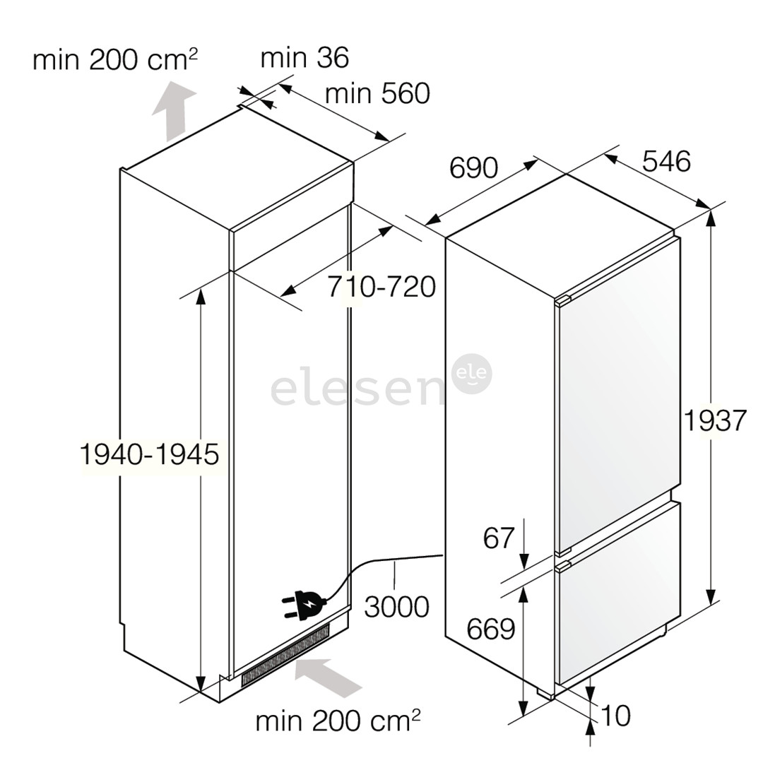 Asko NoFrost, 371 l, aukštis 194 cm - Įmontuojamas šaldytuvas