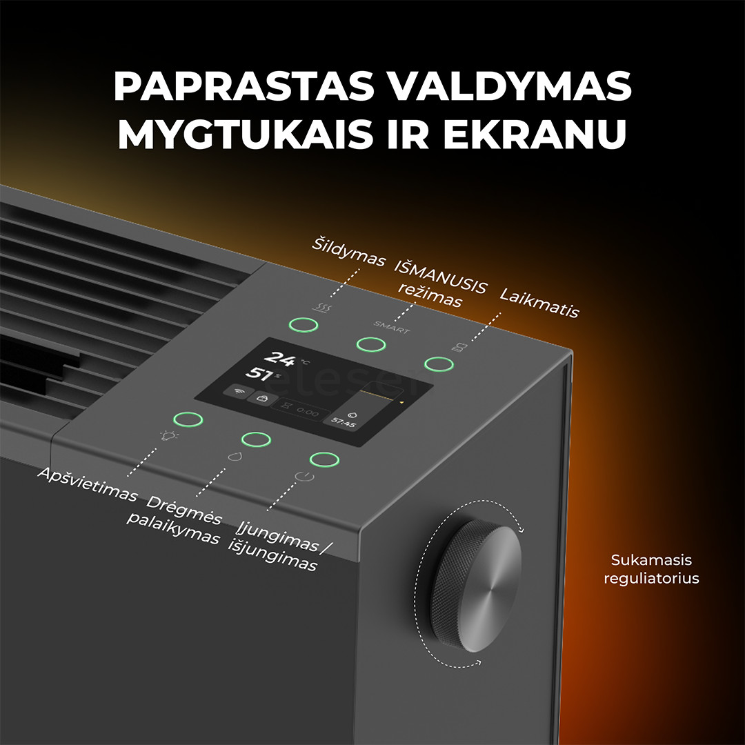 Aeno, 2000 W, juodas - Premium ECO išmanusis šildytuvas su židinio efektu