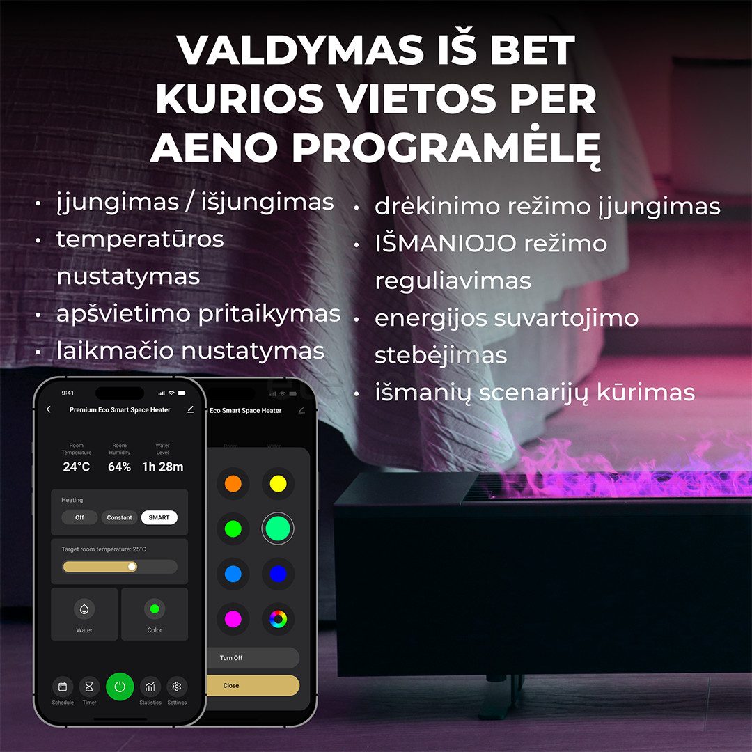 Aeno, 2000 W, juodas - Premium ECO išmanusis šildytuvas su židinio efektu