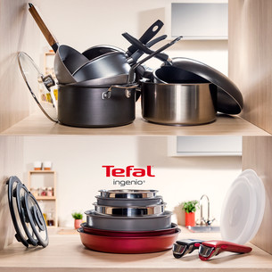 Tefal Ingenio Cook Eat, 3 dalių, nerūdijantis plienas - Keptuvių rinkinys + nuimama rankena